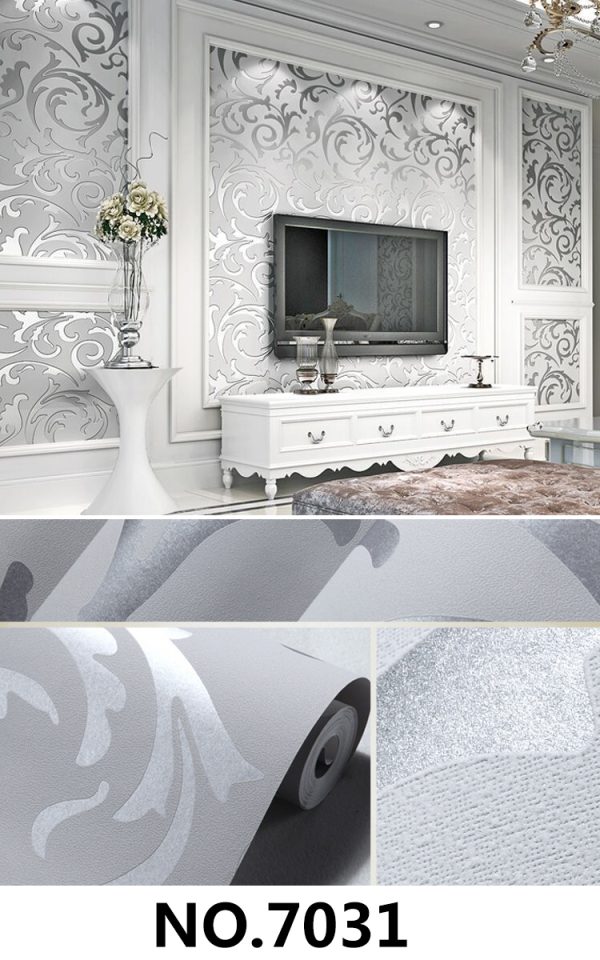Large Flower Non-Woven Wallpaper With Sliver Damask Style 7031