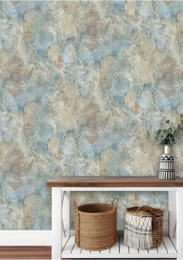 Artisitic Blue Wallpaper With Faded Ornamental Patterns BL1102