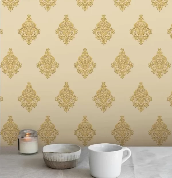 Gold-Beige Damask Wallpaper With Timeless Ornamental Design BL1044