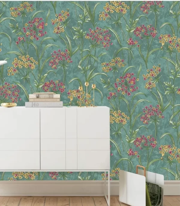 Artistic Teal Wallpaper With Colorful Wildflower Meadow Motif BL1075