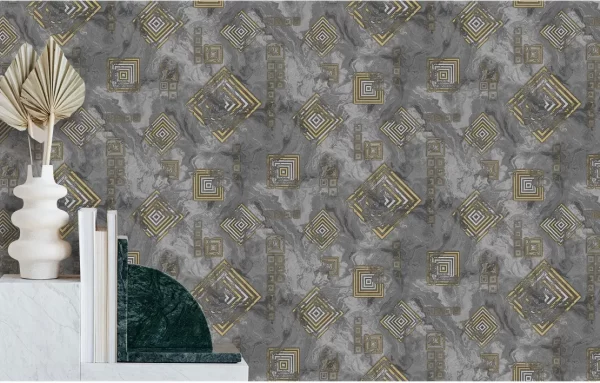 Dark Toned Geometric Wallpaper Intricate Gold Squre Motifs BL1054