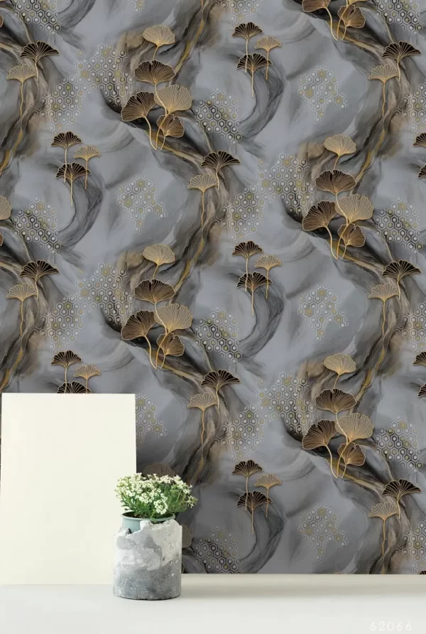 Gold Ginkgo Leaves Wallpaper With Blue-Gray Waves 62066