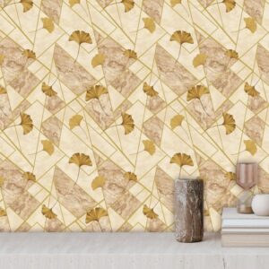 Lined 3D Wallpaper With Ginkgo Leaf And Geometric Gold MA1014
