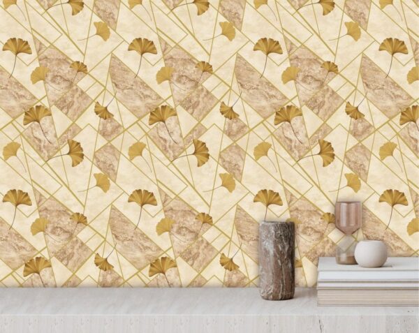 Lined 3D Wallpaper With Ginkgo Leaf And Geometric Gold MA1014