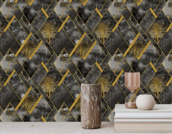 Geometric 3D Wallpaper Black Base With Gold Lines And Tree Motifs MA1134