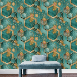 Opulent Geometric Wallpaper With Peacock Feathers And Gold Detailing MC4113