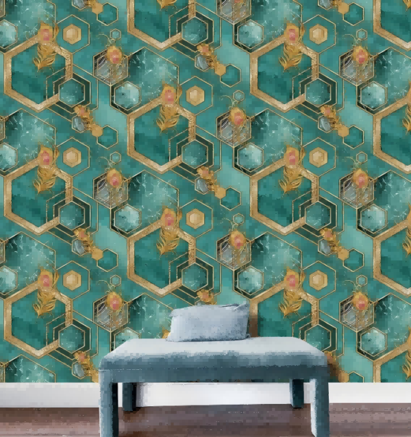 Opulent Geometric Wallpaper With Peacock Feathers And Gold Detailing MC4113