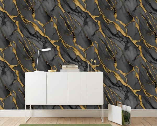 Opulent Gold-Veined Wallpaper Dark Stone Patterned TB1134