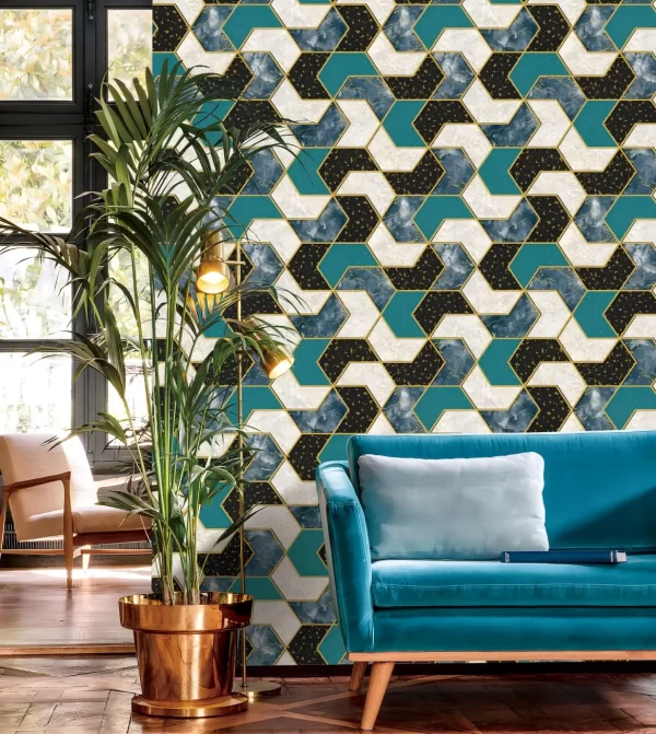 Thick Blue Damask Wallpaper Rolls Checkered Concrete Wallpaper 571305