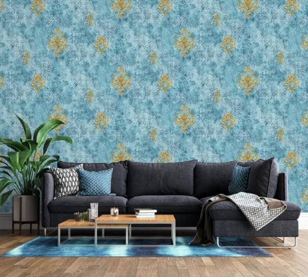 Vinyl Blue Damask Pattern Wallpaper Roll 590507