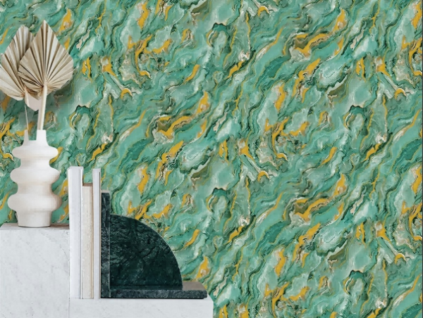 Blue-Green Marbled Wallpaper With Gold Veined Tropical Foliage12055