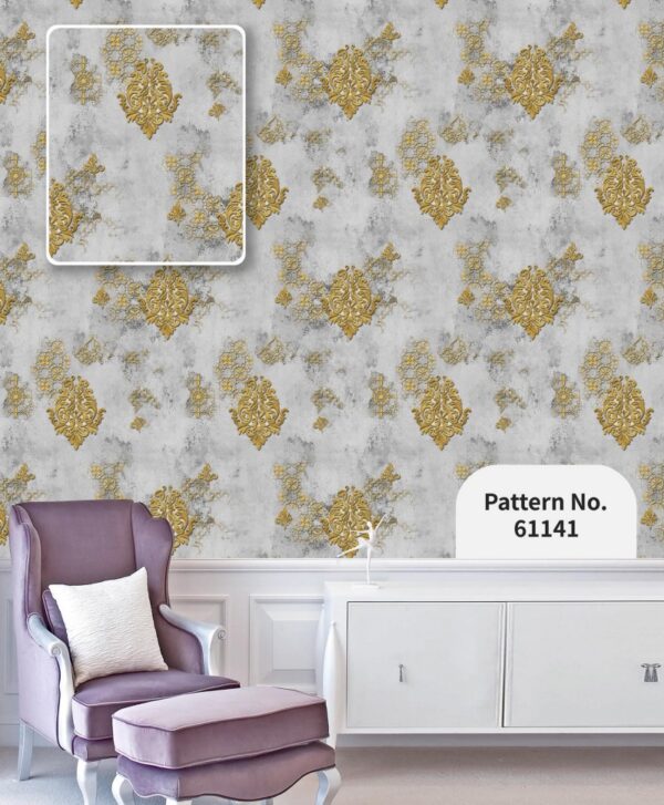 Vintage Gold Damask Wallpaper Textured Gray-Blue Backdrop 61141